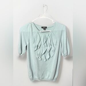 Ann Taylor 100% Cashmere Sweater M Blue Ruffle Front Short Sleeve Pullover Top